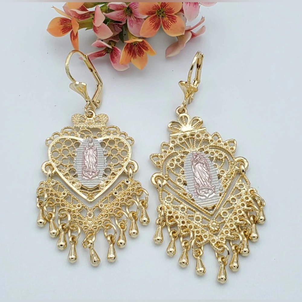 3 Color Gold Plated Our Lady Virgen Guadalupe Chandellier Heart Earrings